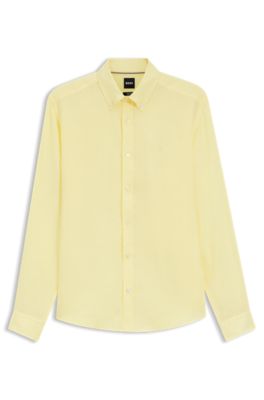 Camisa abotonada regular fit de lino, Amarillo claro
