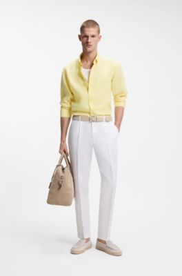 Camisa abotonada regular fit de lino, Amarillo claro