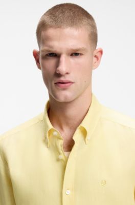 Camisa abotonada regular fit de lino, Amarillo claro