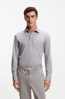 Slim-fit shirt in structured performance-stretch fabric, Khaki