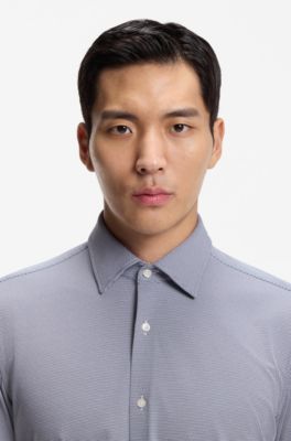 Slim-fit shirt in structured performance-stretch fabric, Dark Blue