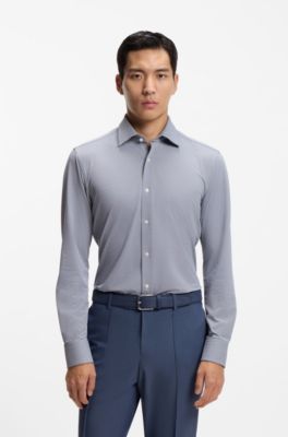 Camisa slim fit en tejido el&aacute;stico t&eacute;cnico con estructura, Azul oscuro