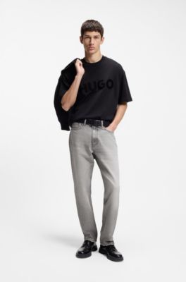 Grey regular-fit jeans in stonewashed denim, Silver