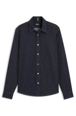Indigo regular-fit shirt in stretch denim, Dark Blue