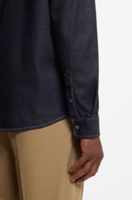 Camisa regular fit en tejido vaquero el&aacute;stico color a&ntilde;il, Azul oscuro