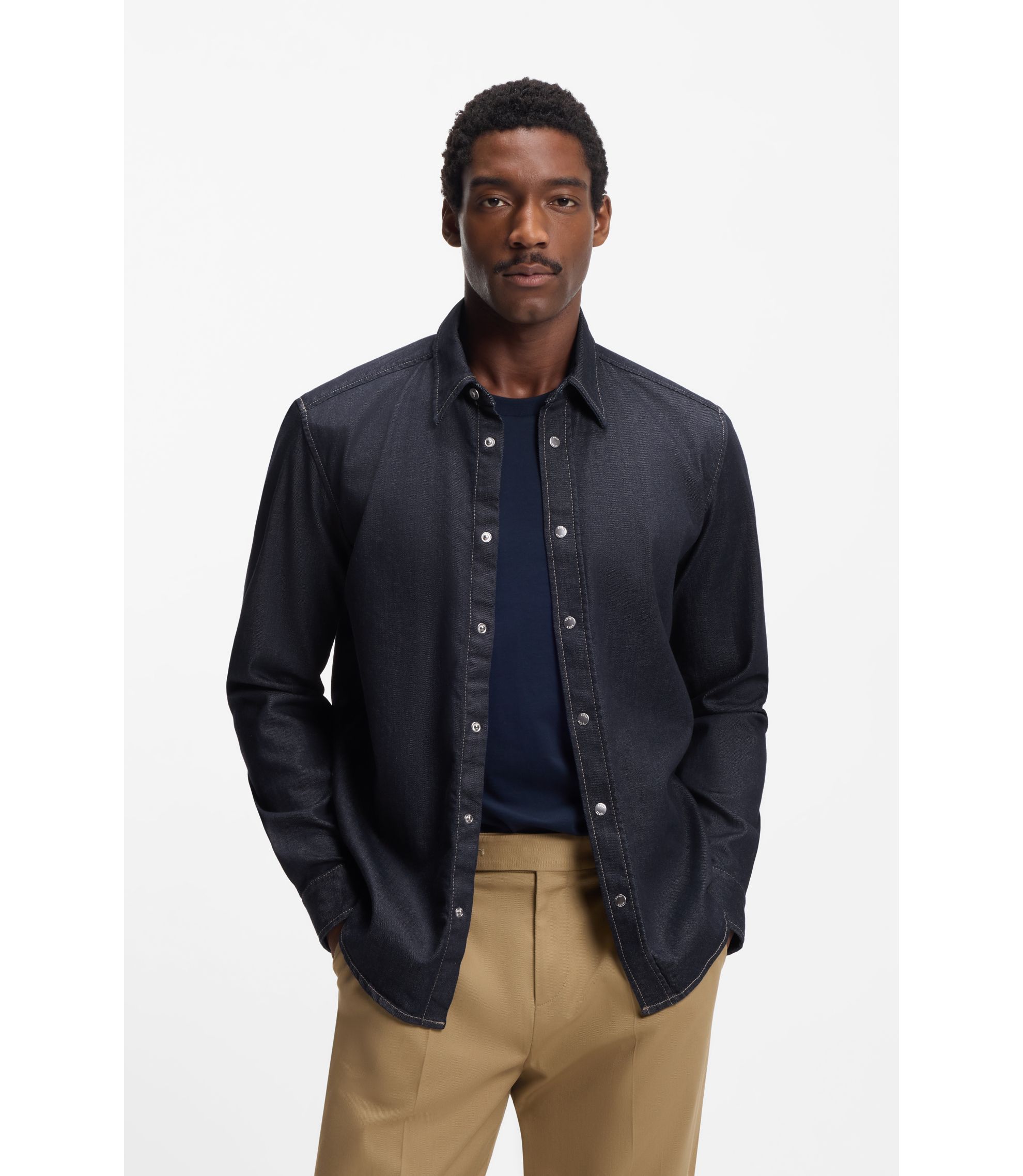 BOSS - Indigo regular-fit shirt in stretch denim - Dark Blue