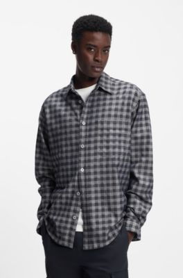 Checked oversized-fit shirt in cotton twill, Dark Grey