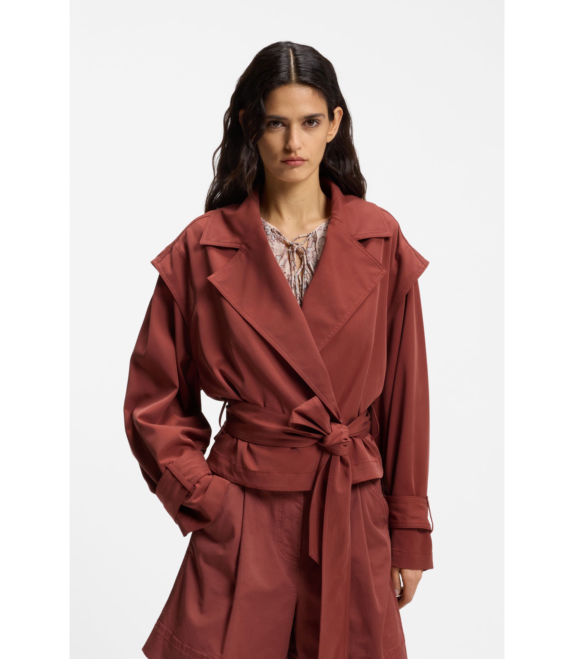 BOSS - Cropped trench jacket with belt - Dark Red