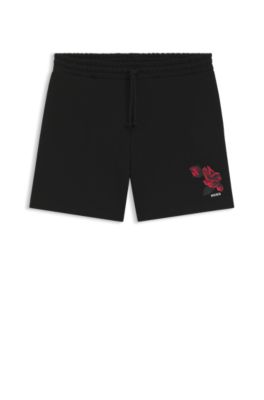 Shorts de felpa de algod&oacute;n con ilustraci&oacute;n de rosas, Negro