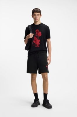 Short en molleton de coton avec motif de rose, Noir