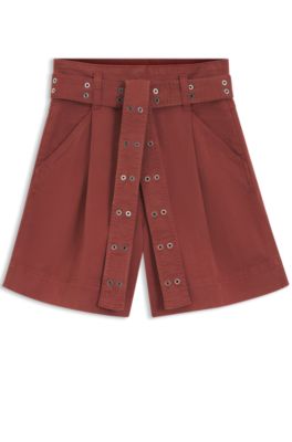 Eyelet-belt shorts in stretch cotton, Dark Red