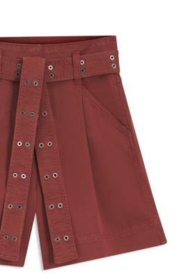 Eyelet-belt shorts in stretch cotton, Dark Red
