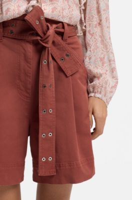 Eyelet-belt shorts in stretch cotton, Dark Red