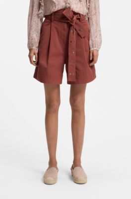 Eyelet-belt shorts in stretch cotton, Dark Red