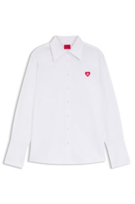 Blusa relaxed fit en algod&oacute;n Oxford con logo de coraz&oacute;n, Blanco