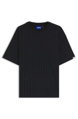 Camiseta de punto de algod&oacute;n a rayas con logo Happy HUGO, Negro