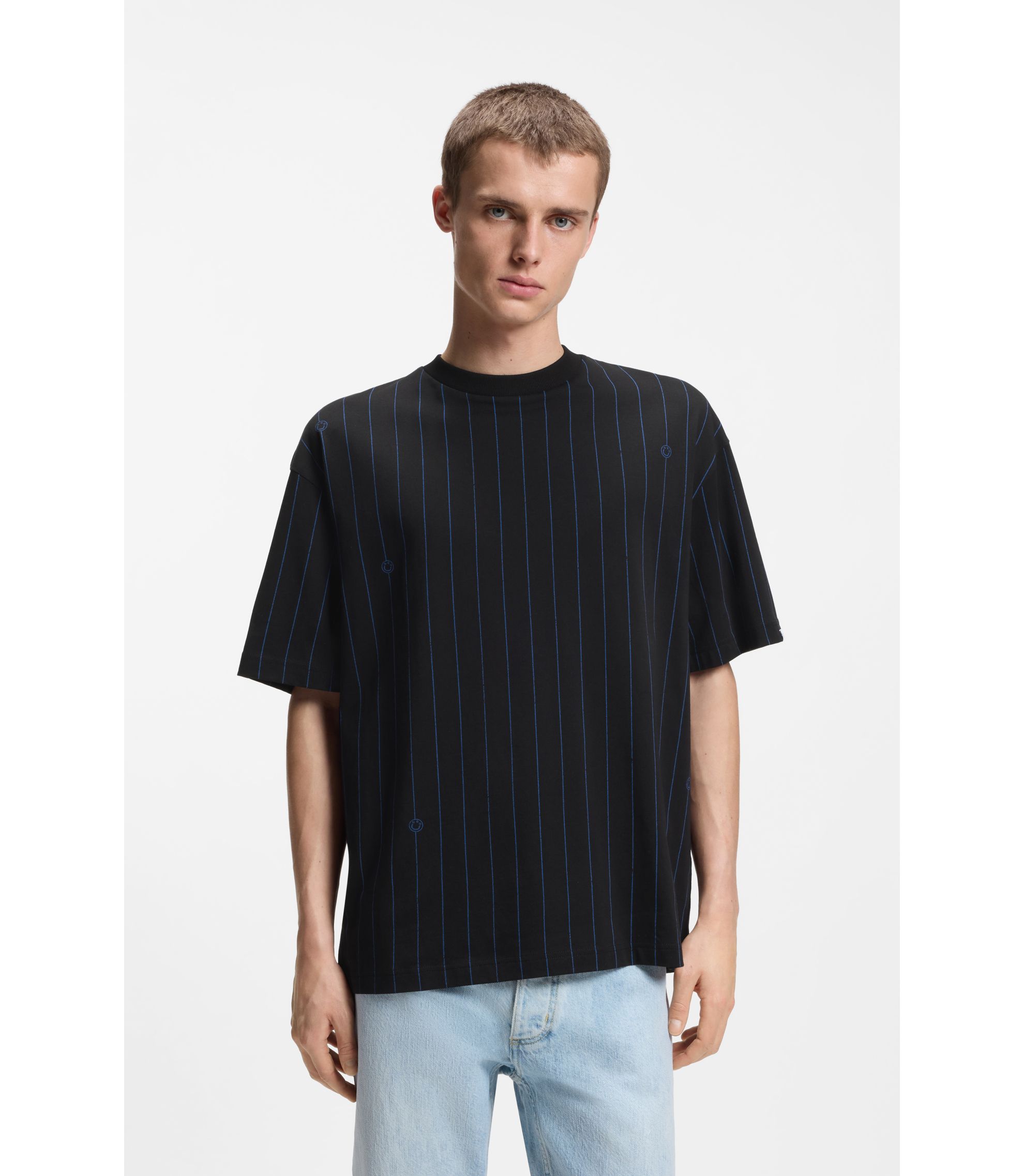 ラスト　T. Domingo's Stripe From Domingo HUGO - Cotton-jersey T-shirt with Happy HUGOs and stripe - Black