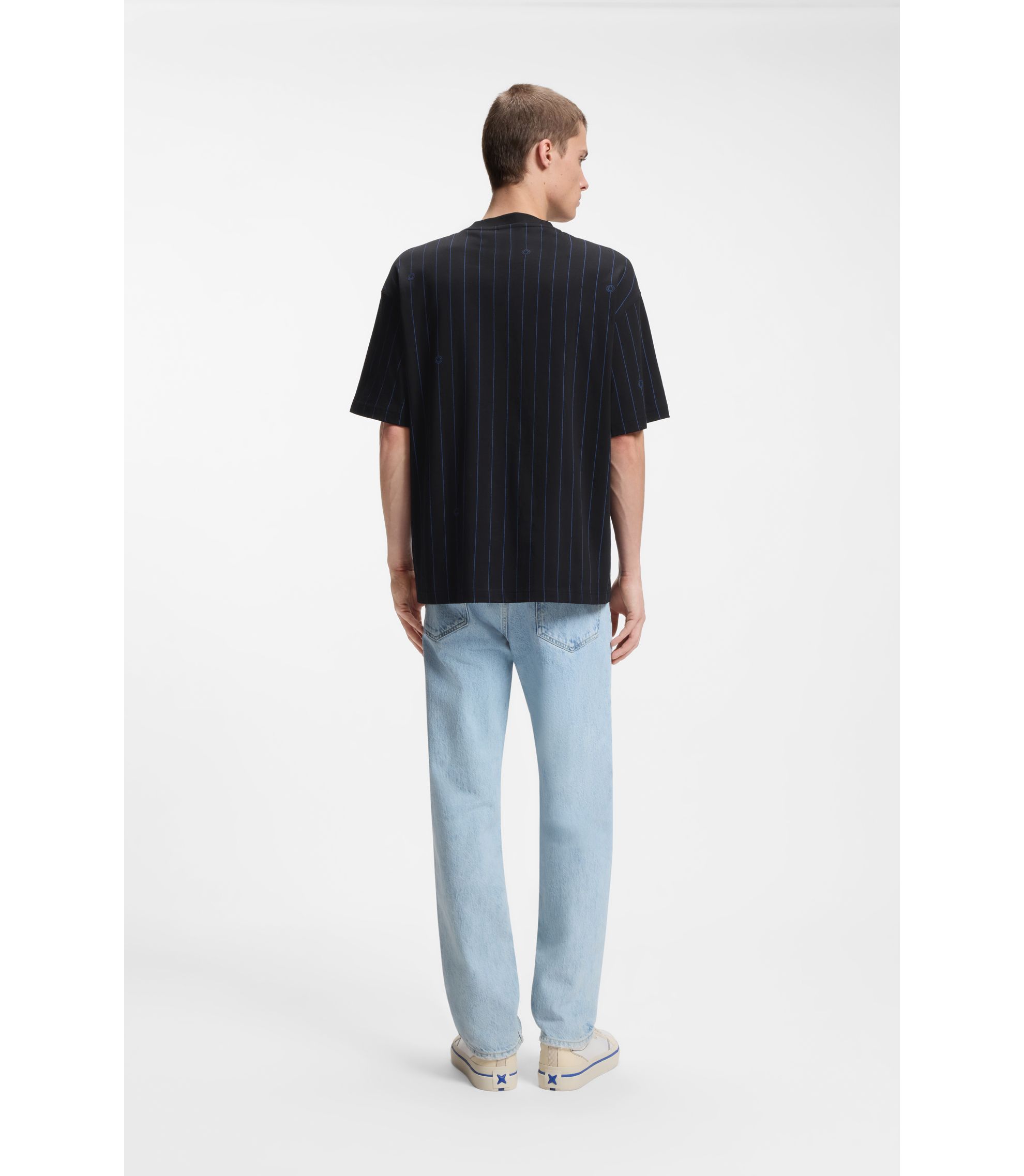 HUGO - Cotton-jersey T-shirt with Happy HUGOs and stripe - Black