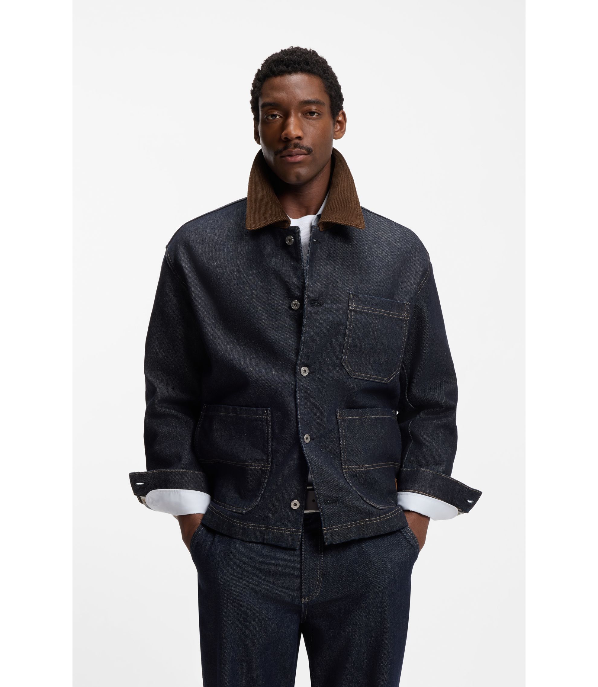 ジャケット・アウター 00s BOSS ORANGE black denim coat Archive BOSS - Indigo-denim jacket with contrast collar - Dark Blue