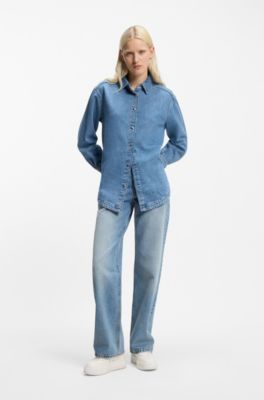 Jean large en denim coton bleu, bleu clair