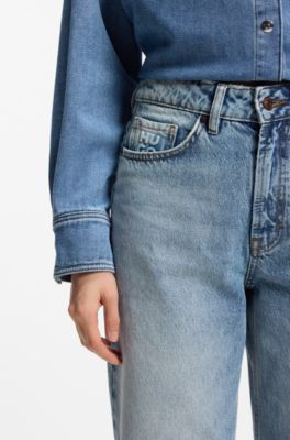 Jeans de pernera ancha en denim de algod&oacute;n azul, Celeste