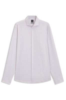 Camisa regular fit en sarga de algod&oacute;n italiana a cuadros, Caqui