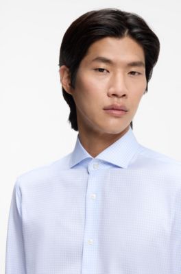 Camisa regular fit en sarga de algod&oacute;n italiana a cuadros, Celeste