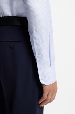 Camisa regular fit en sarga de algod&oacute;n italiana a cuadros, Celeste