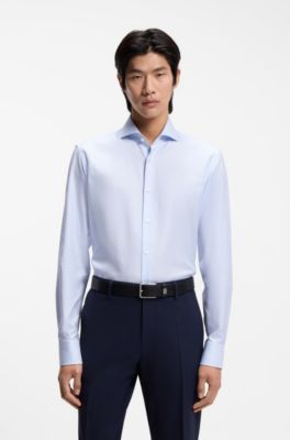 Camisa regular fit en sarga de algod&oacute;n italiana a cuadros, Celeste
