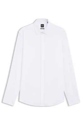 Camisa regular fit de algod&oacute;n italiano con monograma en jacquard, Blanco