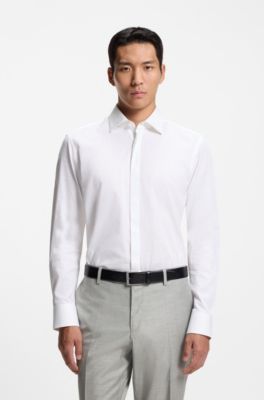 Camisa regular fit de algod&oacute;n italiano con monograma en jacquard, Blanco