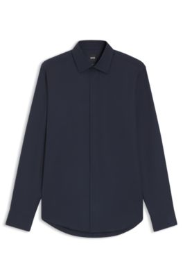 Camisa regular fit de algod&oacute;n italiano con monograma en jacquard, Azul oscuro