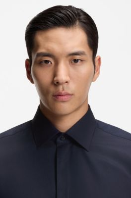 Camisa regular fit de algod&oacute;n italiano con monograma en jacquard, Azul oscuro