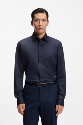 Camisa regular fit de algod&oacute;n italiano con monograma en jacquard, Azul oscuro