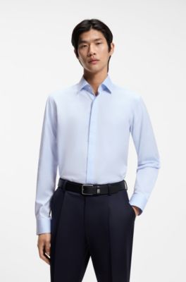 Camisa regular fit de algod&oacute;n italiano con monograma en jacquard, Celeste