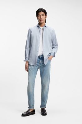 Camisa slim fit de sarga de algod&oacute;n italiana a rayas, Cal
