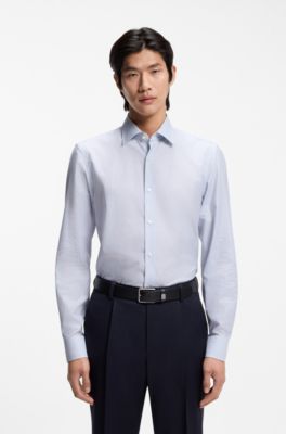 Camisa slim fit de sarga italiana estampada, Celeste