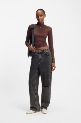 Jeans relaxed fit en denim r&iacute;gido negro desgastado, Negro