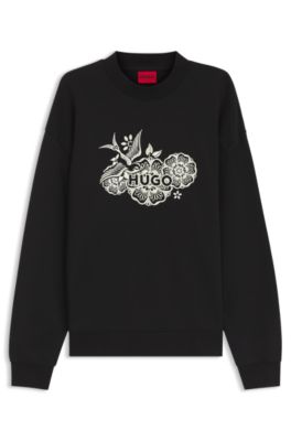 Sudadera de felpa de algod&oacute;n con ilustraci&oacute;n bordada, Negro