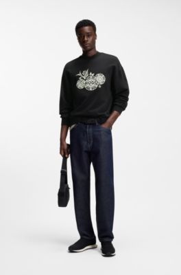 Cotton-terry sweatshirt with embroidered artwork, Black