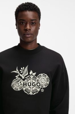 Sudadera de felpa de algod&oacute;n con ilustraci&oacute;n bordada, Negro