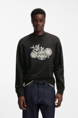 Sudadera de felpa de algod&oacute;n con ilustraci&oacute;n bordada, Negro