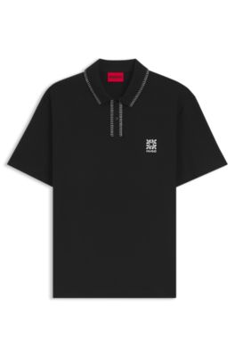 Logo-artwork polo shirt with blanket stitching, Black