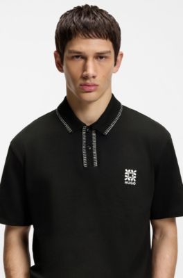 Logo-artwork polo shirt with blanket stitching, Black