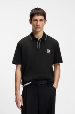 Logo-artwork polo shirt with blanket stitching, Black