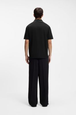Logo-artwork polo shirt with blanket stitching, Black