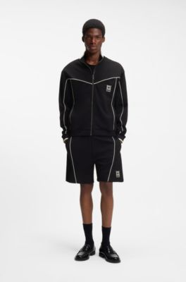 Veste en coton m&eacute;lang&eacute; &agrave; logo brod&eacute;, Noir