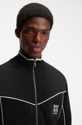 Veste en coton m&eacute;lang&eacute; &agrave; logo brod&eacute;, Noir