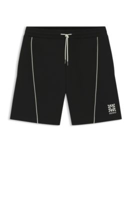 Short en coton m&eacute;lang&eacute; avec logo brod&eacute;, Noir