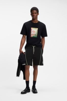 Shorts de algod&oacute;n con ilustraci&oacute;n de logo bordado, Negro